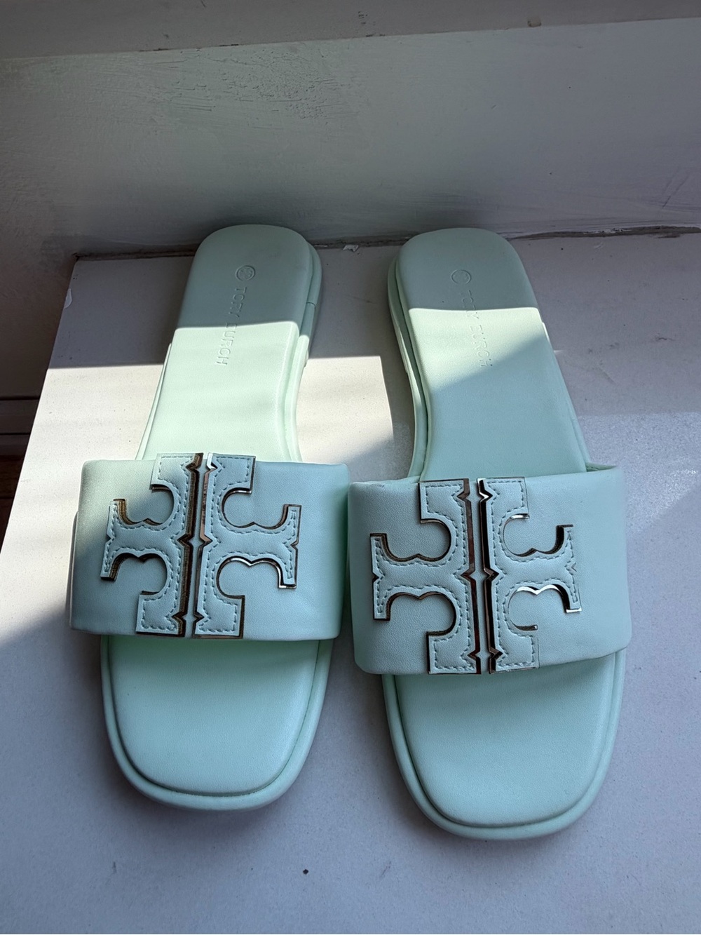 Tory Burch Mint Green Leather Logo Slide Sandals